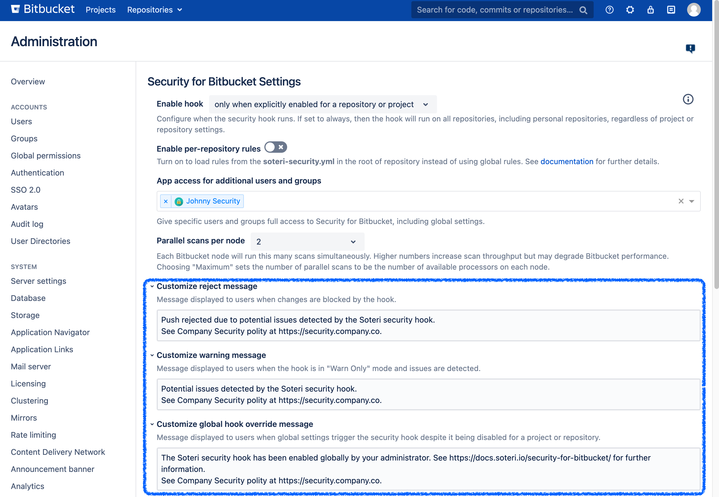 Customizable messages in the Security for Bitbucket settings.