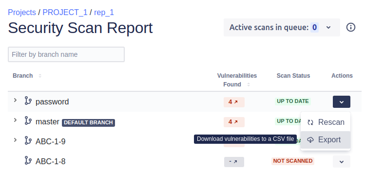 Exporting vulnerabilities from Security Scan Report page