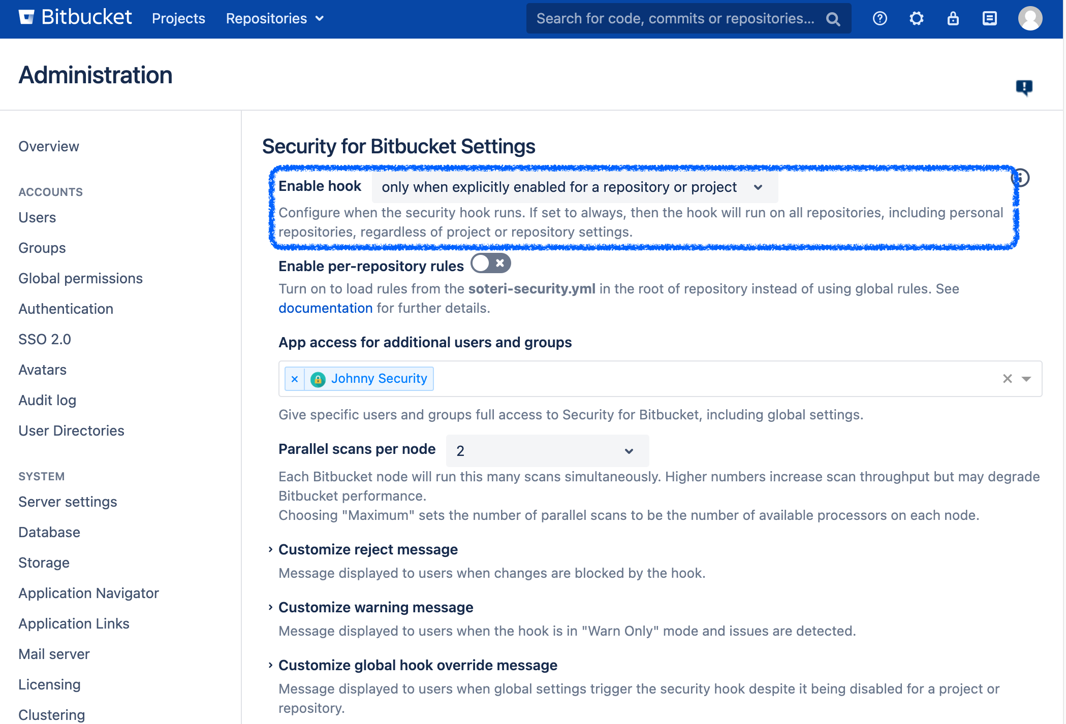 The enable hook dropdown in the Security For Bitbucket settings.