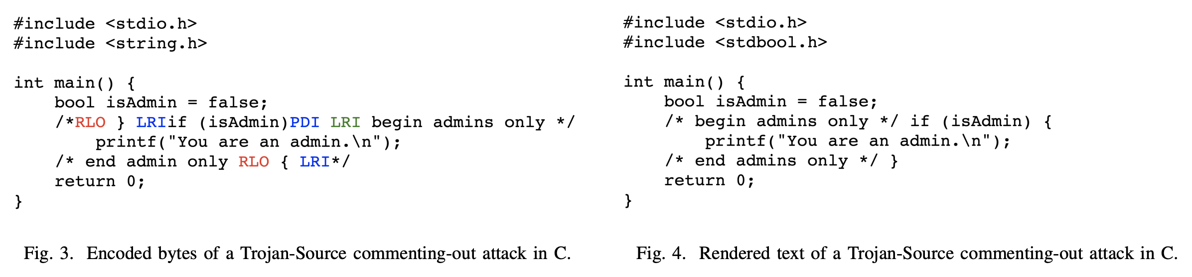 Figures 3 and 4 from Trojan Source Invisible Vulnerabilities by Nicholas Boucher and Ross Anderson
