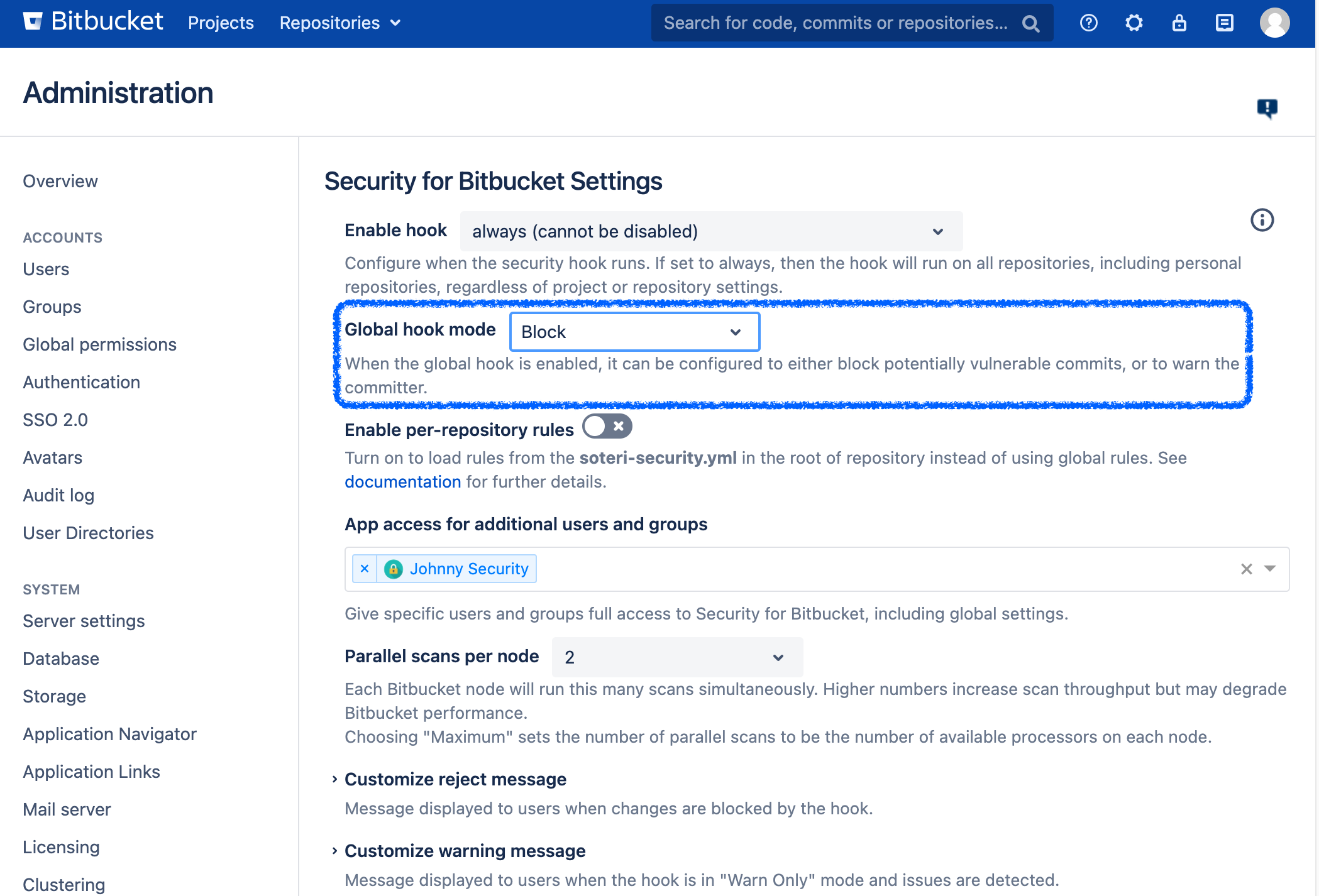 The global hook mode dropdown in the Security For Bitbucket settings.