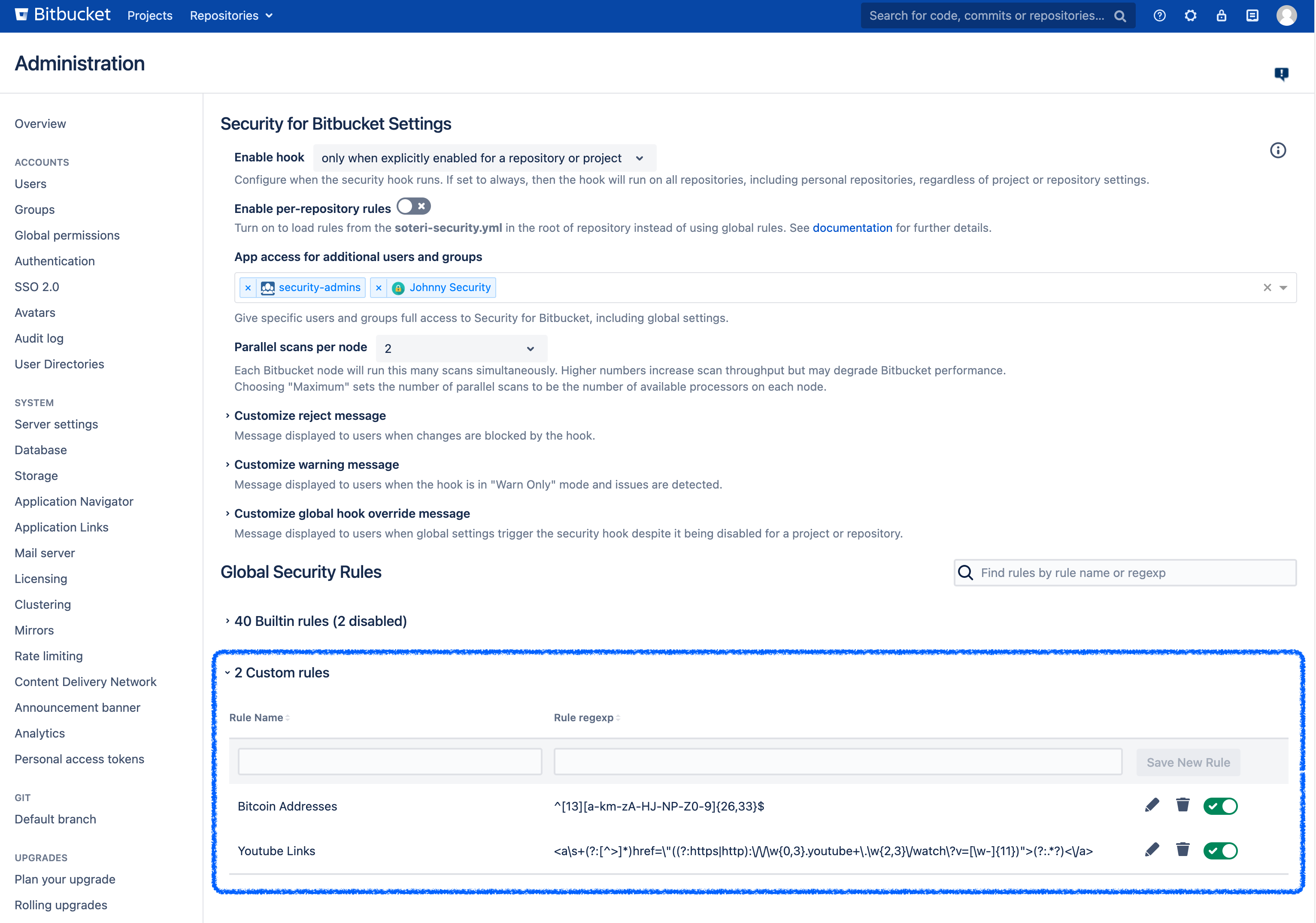 Global custom rules in the Security For Bitbucket settings.