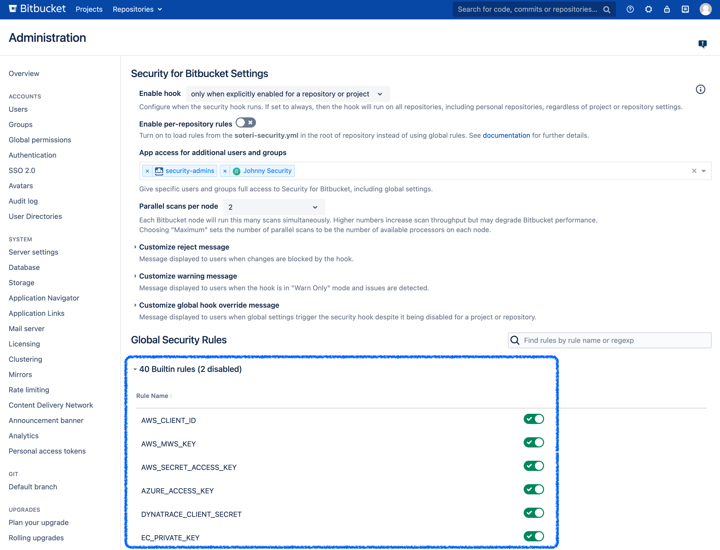 Global rule configuration in the Security for Bitbucket settings.