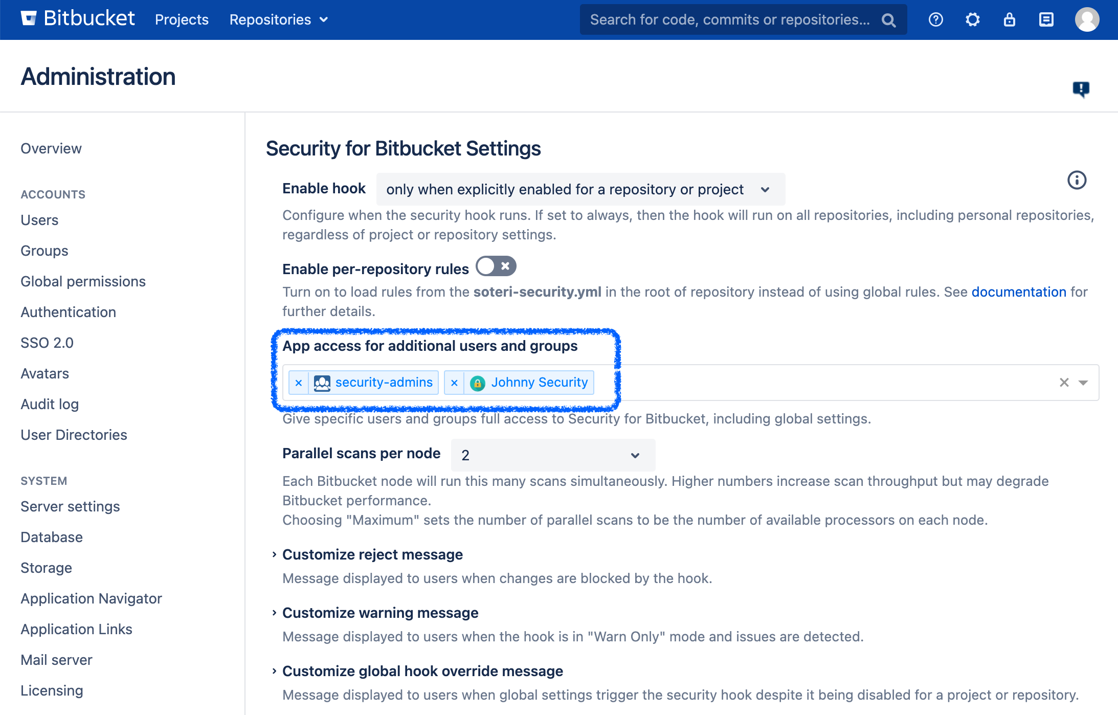 The app access setting in the Security for Bitbucket settings.