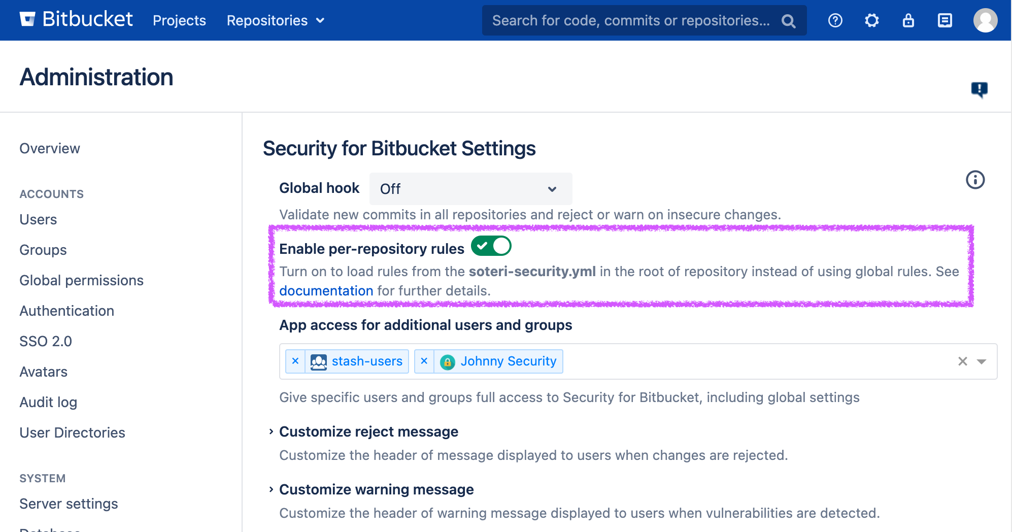 The per-repository rules configuration toggle on Security For Bitbucket's global settings page.