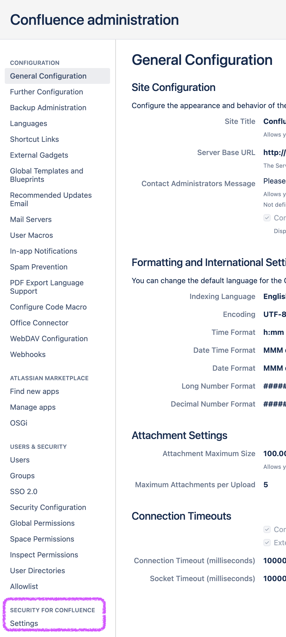 Security for Confluence Settings have their own section in the settings panel