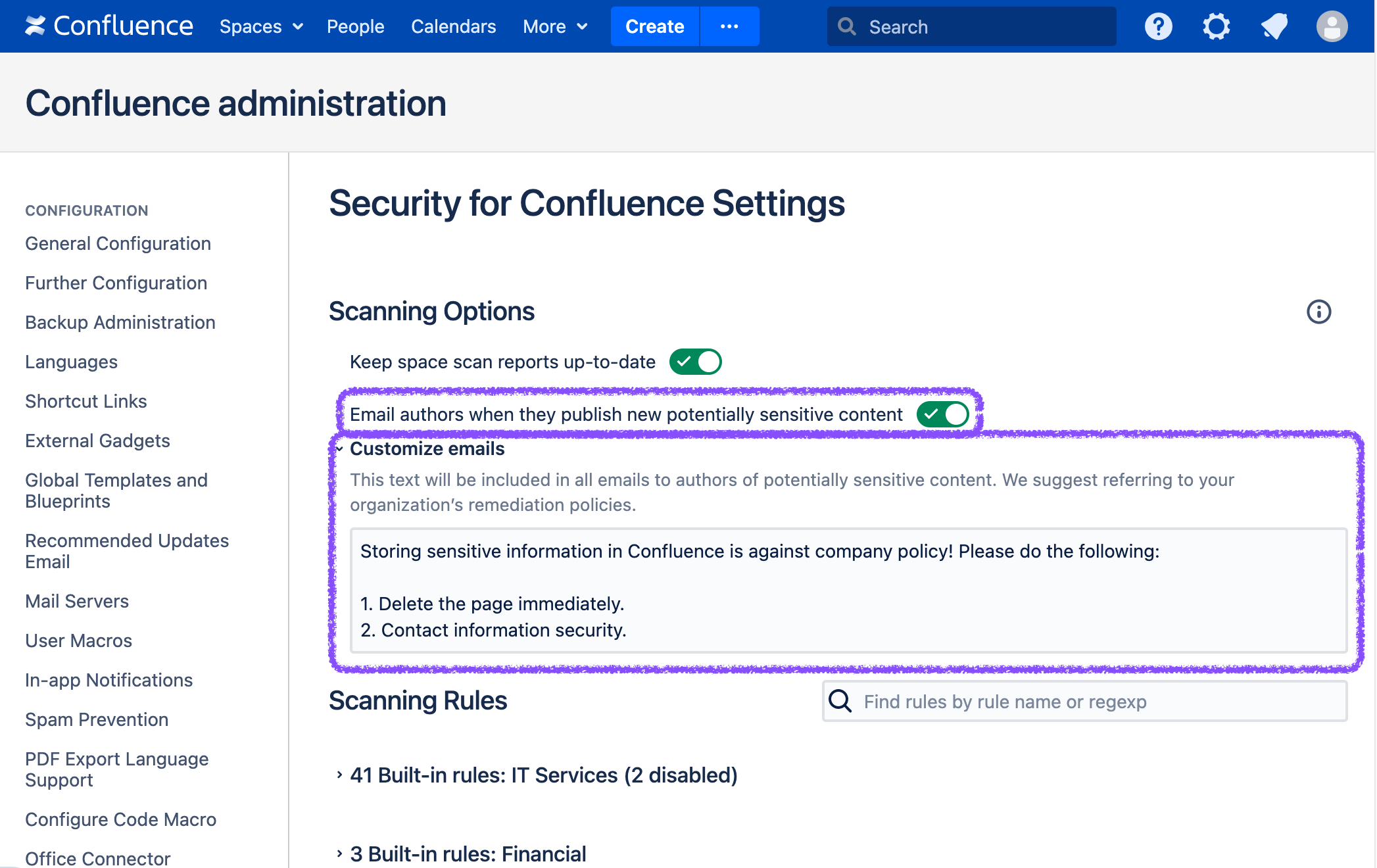 The settings for emailing content authors when they publish potentially sensitive content, and email customization.