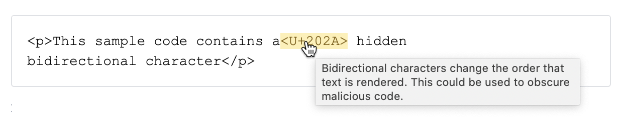 Bitbuckets mitigation for Trojan Source attacks highlights the hidden characters for reviewers.